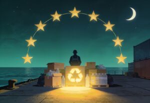 Editorial diagram of the EU Packaging and Packaging Waste Regulation: a faceless worker stands amid recyclable cardboard cartons and plastic bottles on a dockside, a glowing recycling symbol at the centre, beneath a twelve-star European Union arch and a crescent moon.