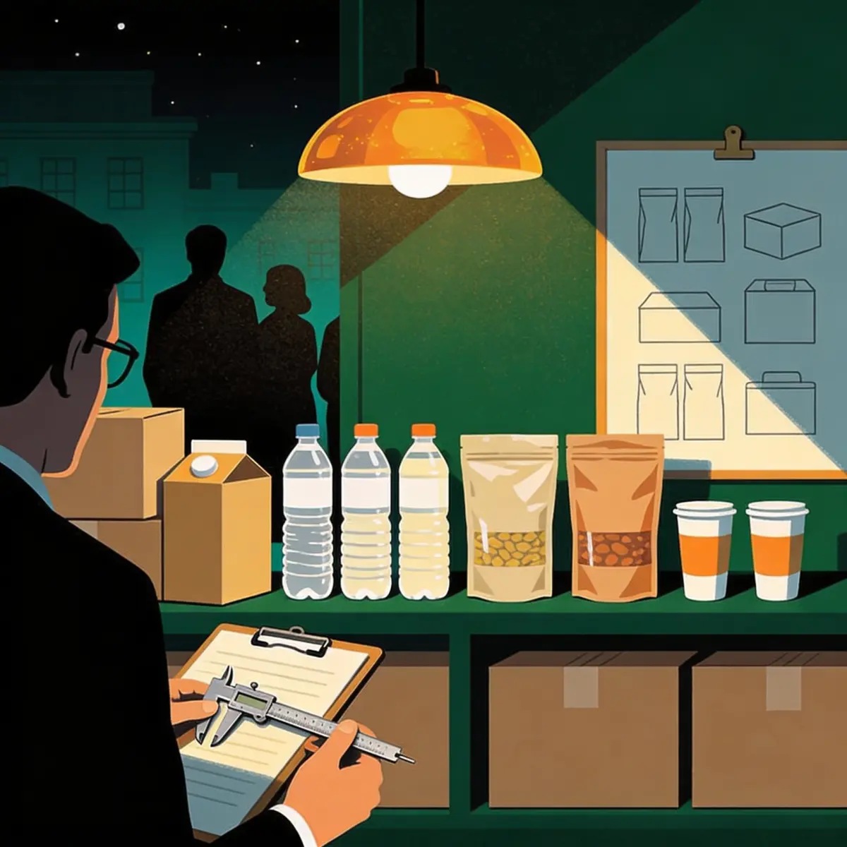Consultant inventorying cartons, bottles, pouches and cups on a wall chart beside a map of the European Union market