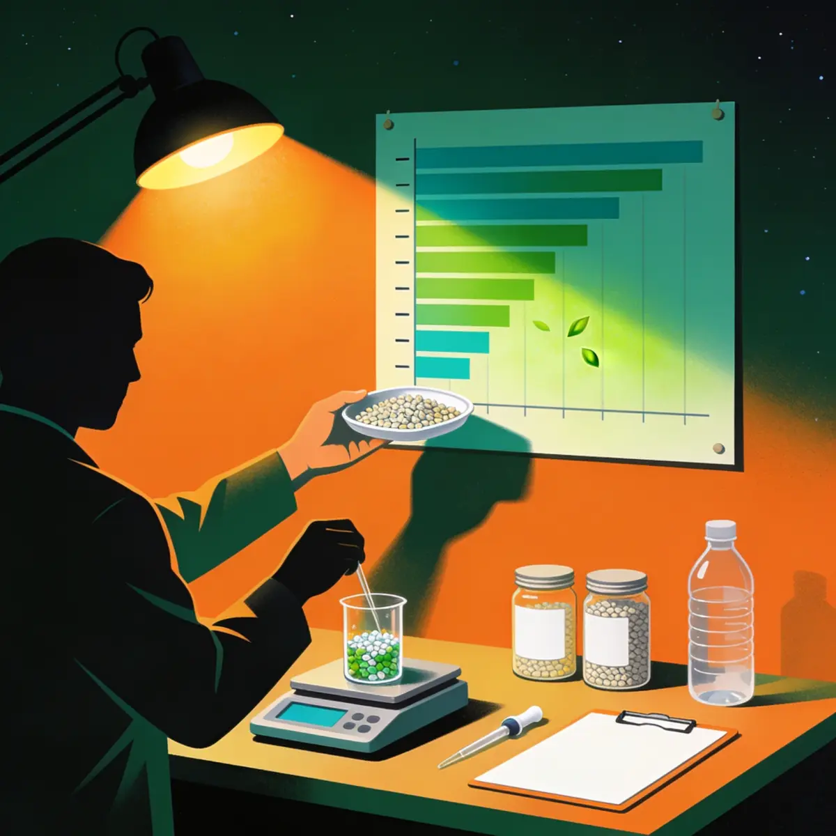 Materials analyst measuring recycled plastic pellets and checking PFAS and heavy-metals substance limits on food-contact packaging at a testing bench