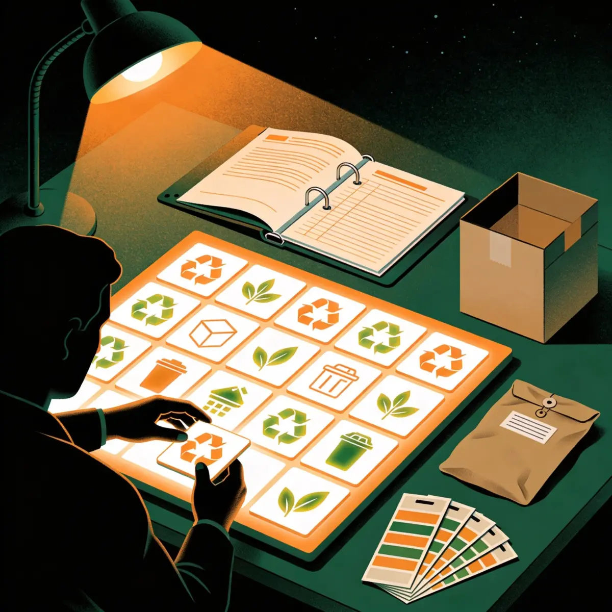 Compliance designer laying out a harmonised pictogram-based packaging label beside a folder of recycled-content conformity documentation