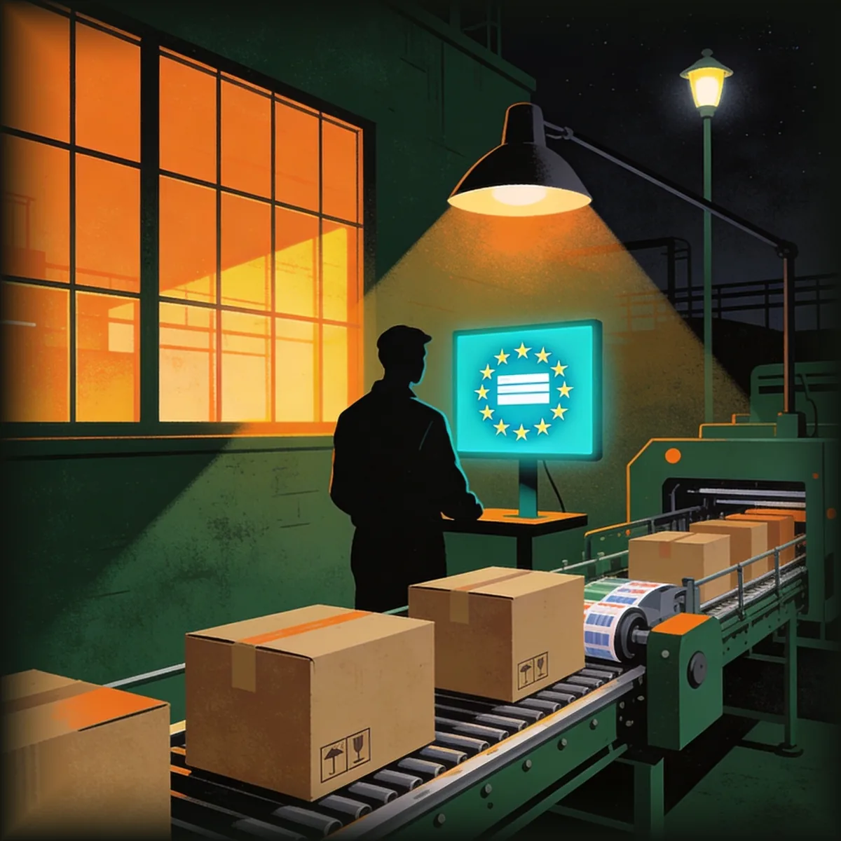 Compliance analyst registering a producer on an EU national packaging register screen beside labelled packaging moving on a line