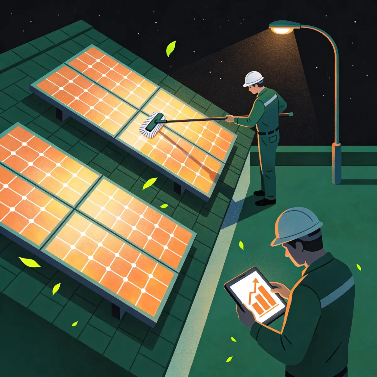 Technician cleaning rooftop solar panels while another reviews performance on a tablet