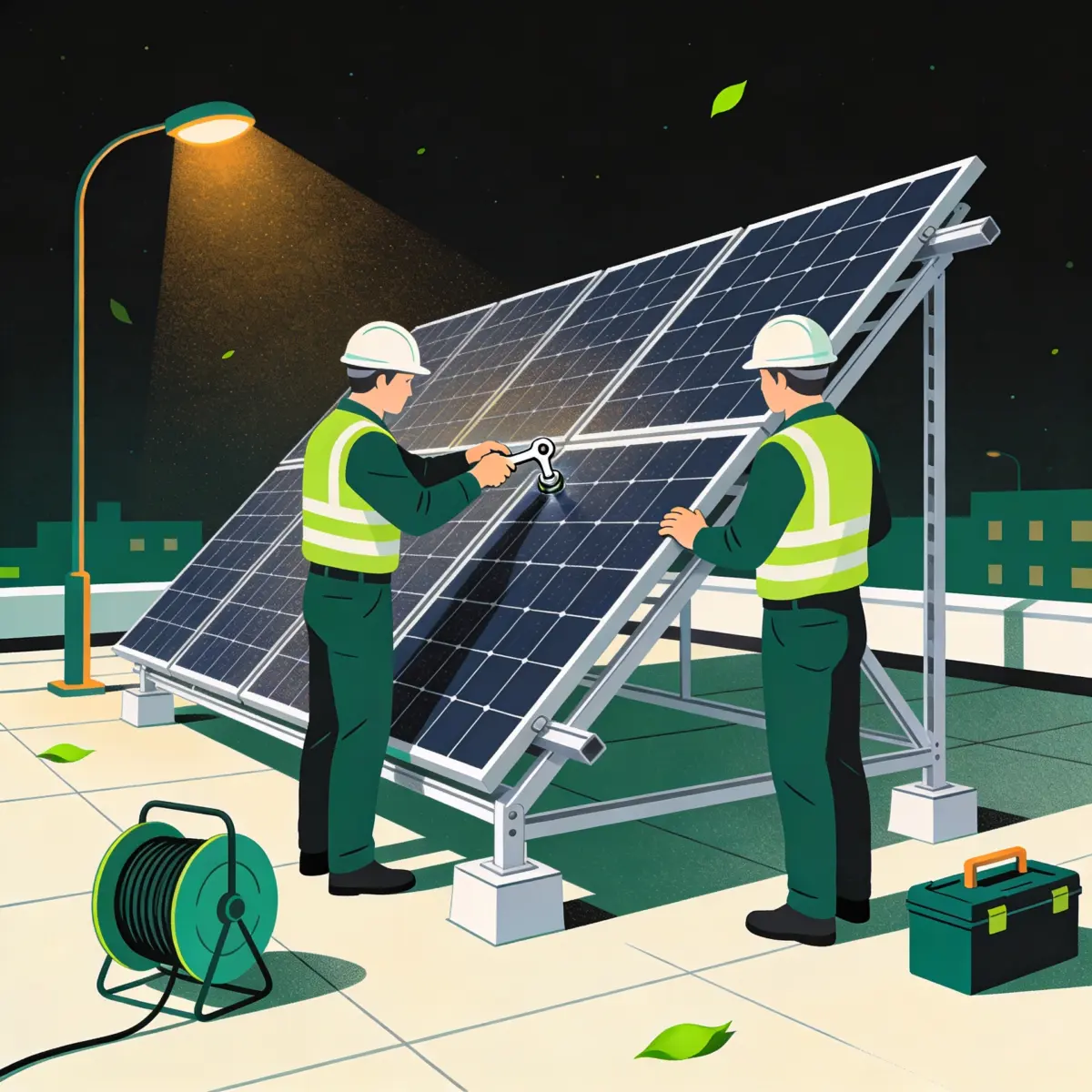 Technicians mounting a photovoltaic panel on a tilted rack on a flat rooftop