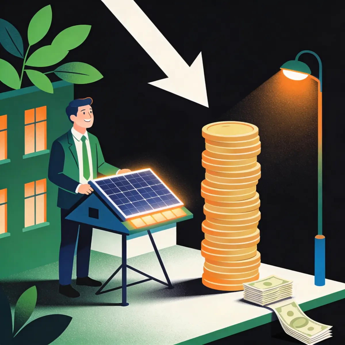 Business owner beside a solar panel with a rising stack of coins and a falling stack of bills