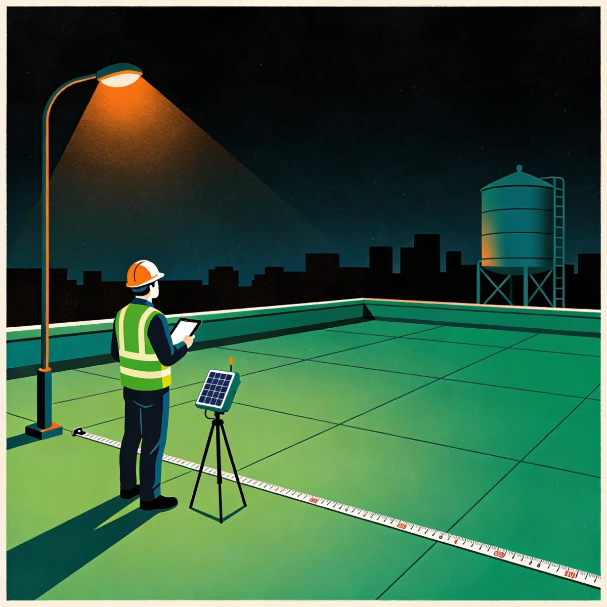 Technician surveying a commercial rooftop with a tablet and an irradiance meter at night