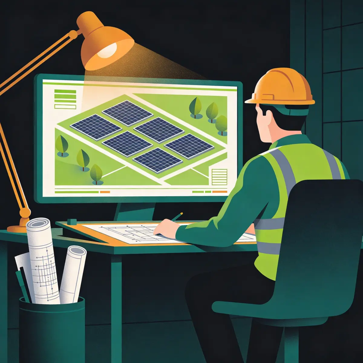 Engineer reviewing a rooftop solar panel layout on a monitor
