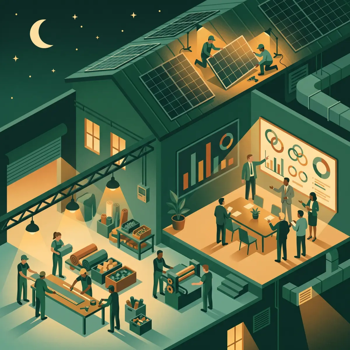 Trained teams applying sustainability skills across the shop floor, office and rooftop at night