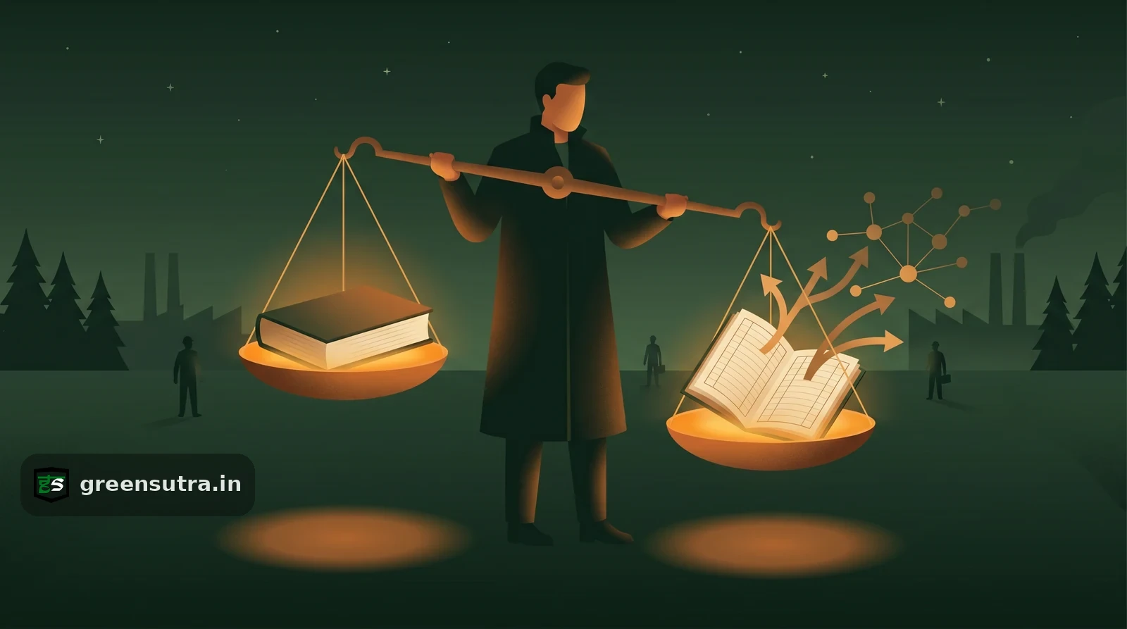Night-vector analyst weighing two ledgers on a balance scale, illustrating attributional vs consequential LCA approaches