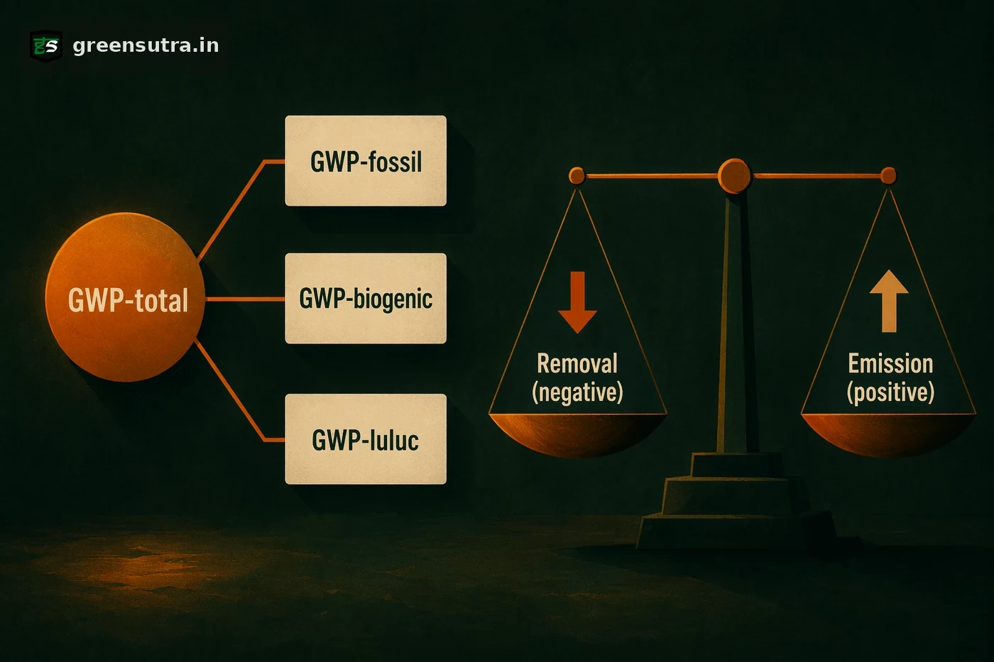 Diagram of GWP-total splitting into GWP-fossil, GWP-biogenic and GWP-luluc, with biogenic carbon shown as a removal-negative and emission-positive balance.