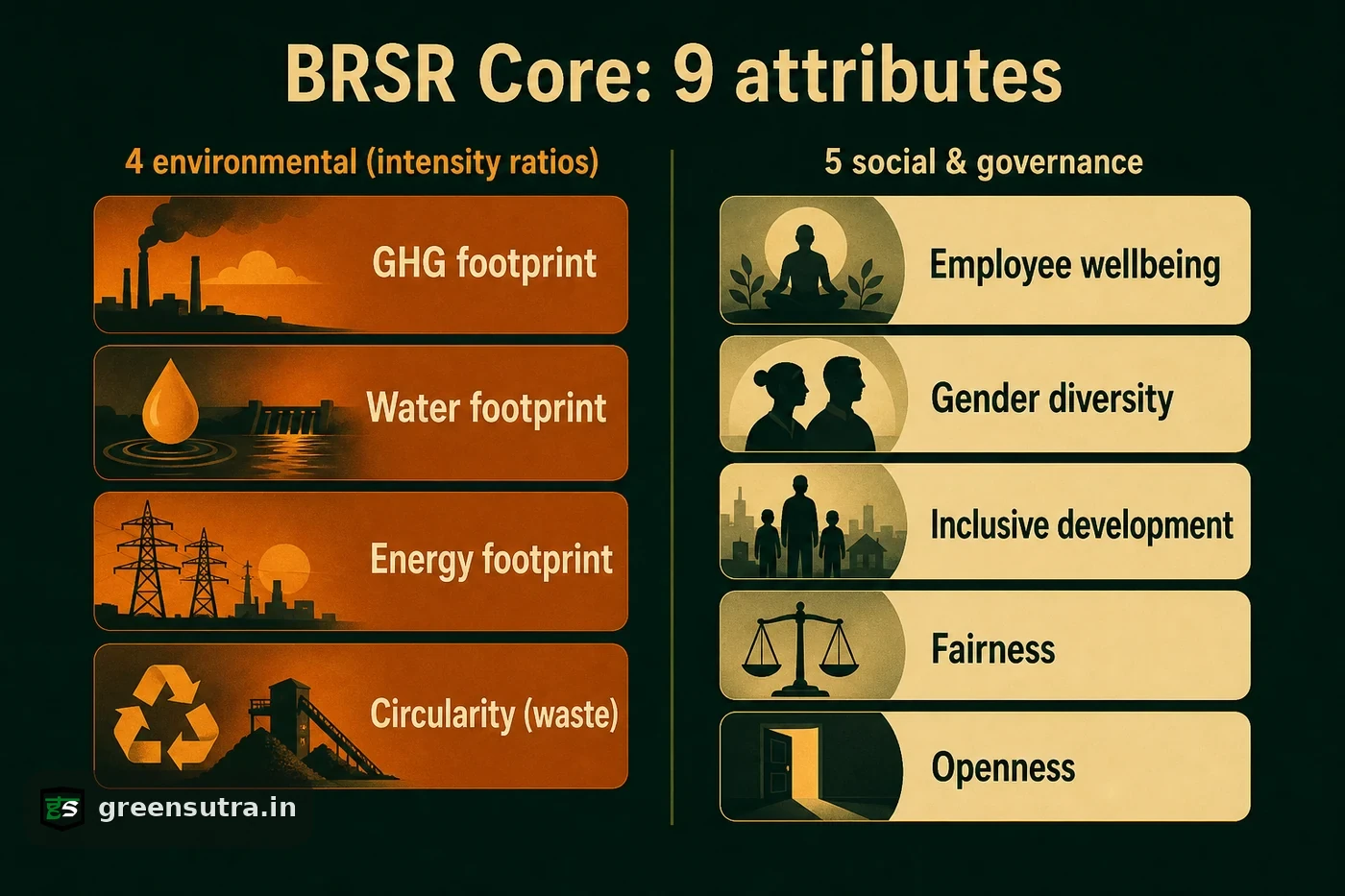 Diagram splitting the nine BRSR Core attributes into four environmental with intensity ratios and five social and governance