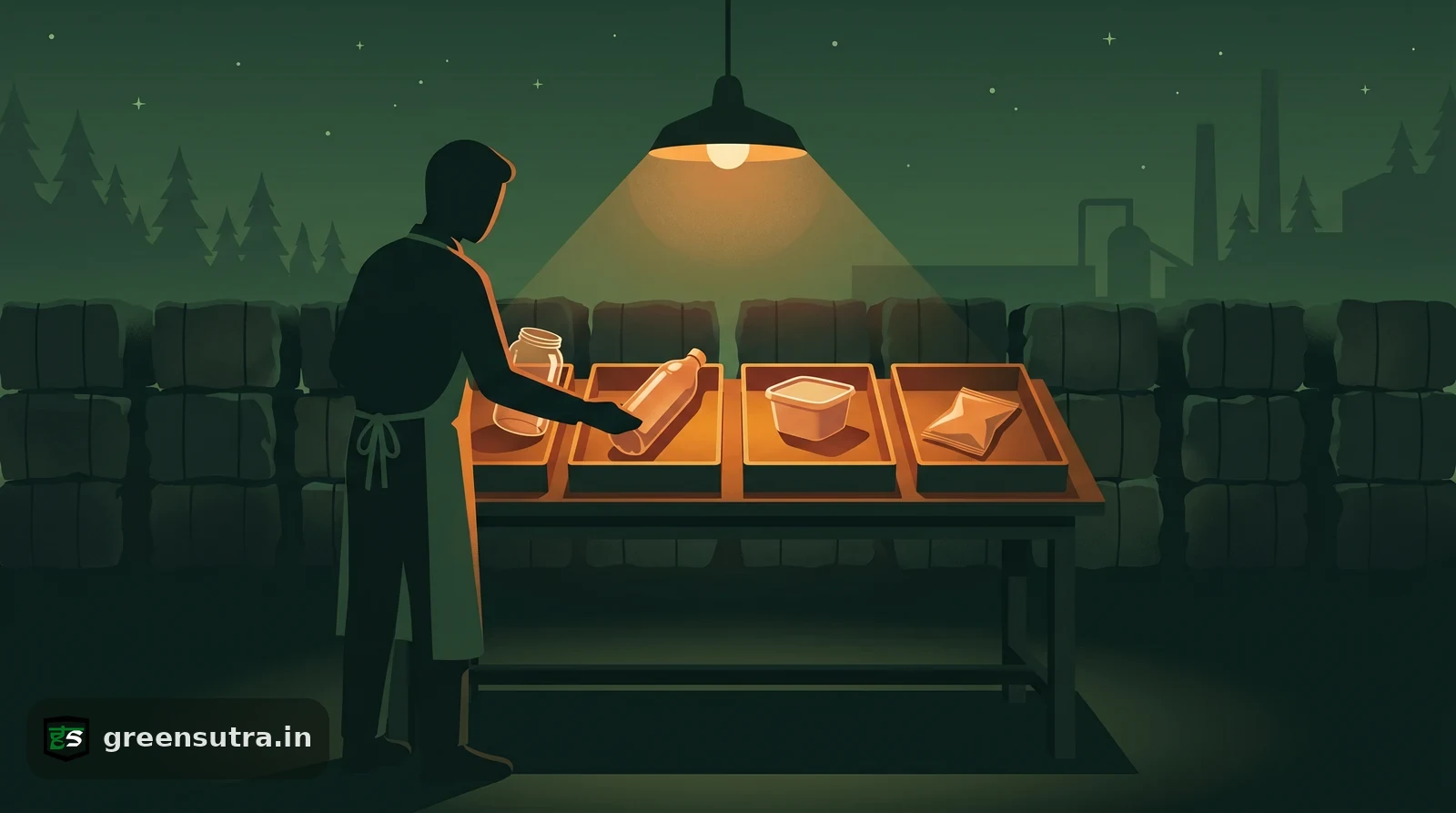 Night-vector figure arranging nine glowing tiles at a ledger desk, illustrating the nine BRSR Core ESG attributes
