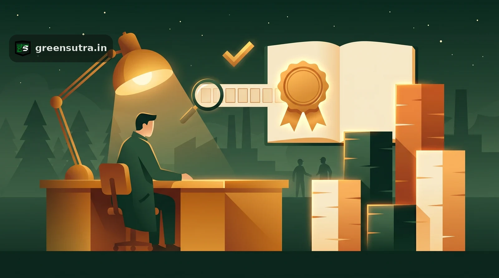 Night-vector auditor at a ledger desk with a glowing assurance seal and KPI columns, illustrating BRSR Core assurance