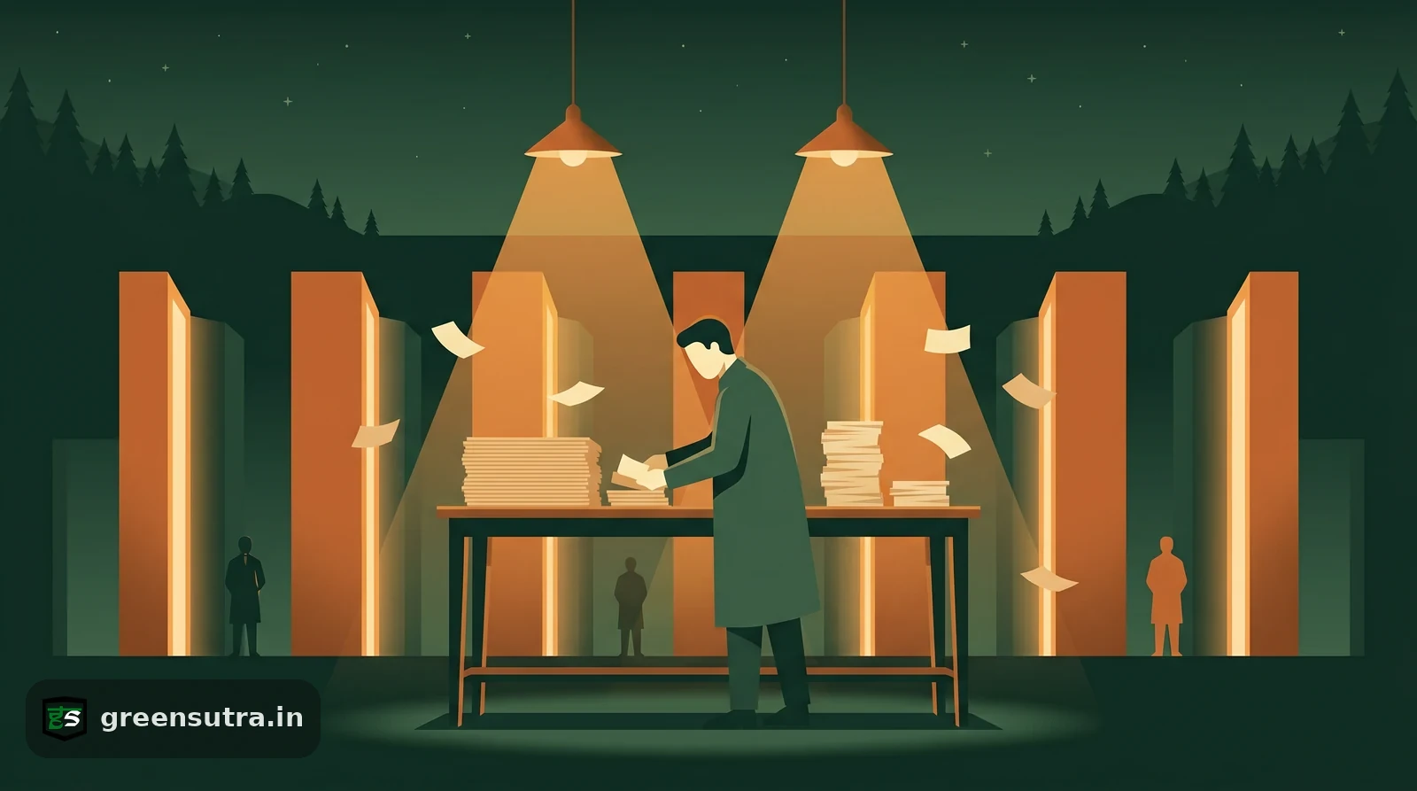 Night-vector scene of a figure sorting BRSR disclosure cards into essential and leadership stacks under amber lamps