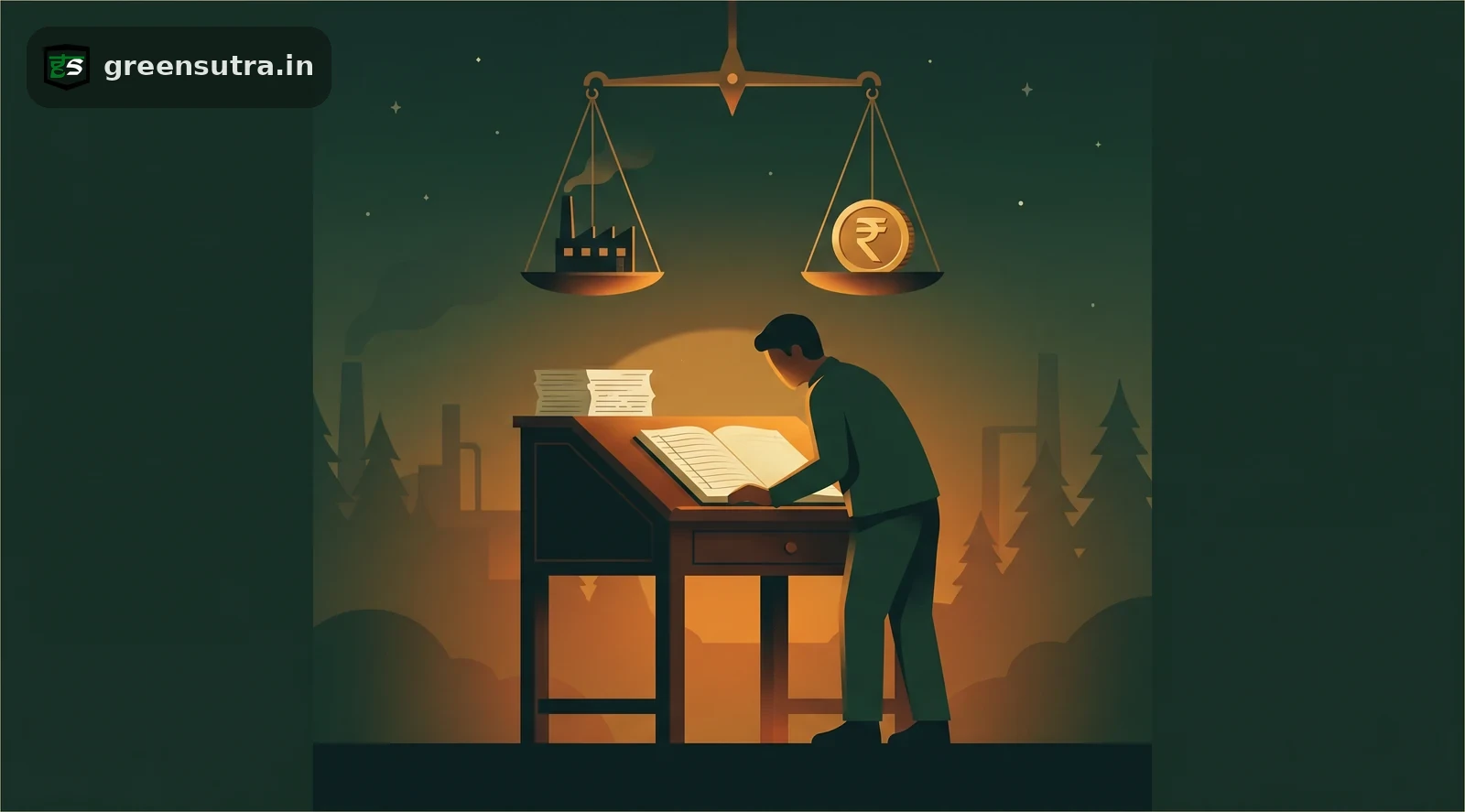 Night-vector figure weighing a factory against a rupee coin on a balance, illustrating BRSR intensity ratios