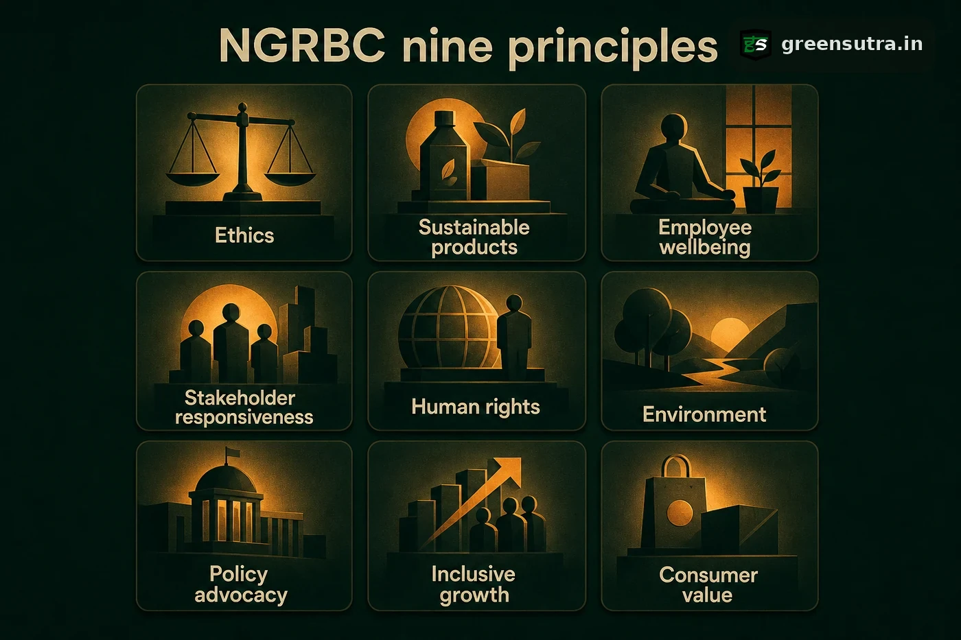 Grid of the nine NGRBC principles that structure BRSR reporting, from ethics to consumer value