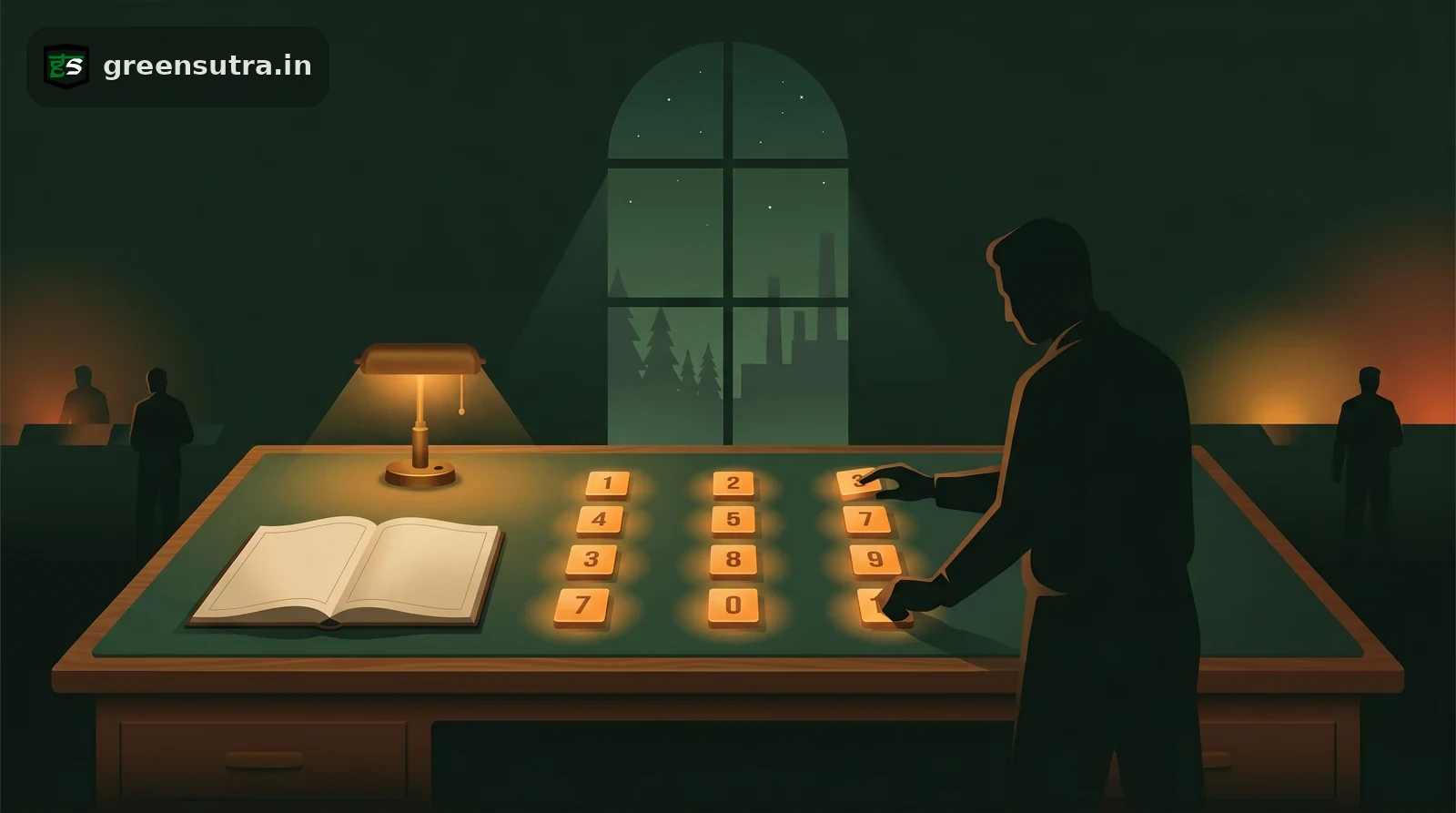 Night-vector illustration of a figure sorting nine glowing tiles at a ledger desk, evoking the BRSR nine principles