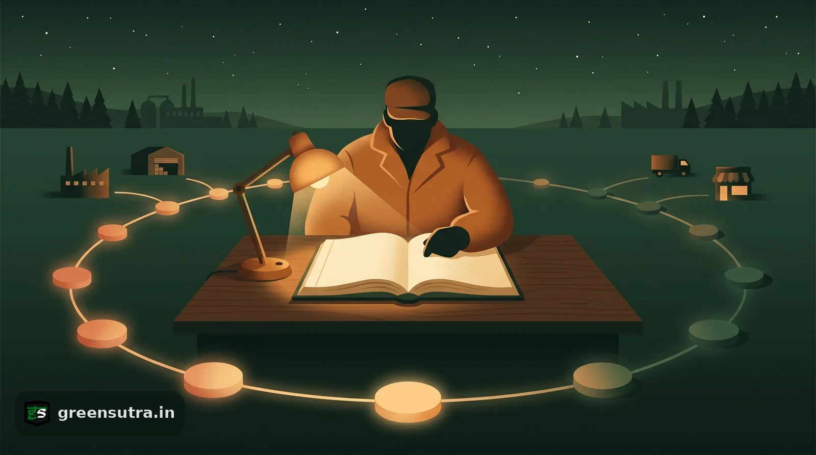 Night-vector figure at a ledger desk tracing a chain of glowing supply nodes, BRSR value chain disclosure
