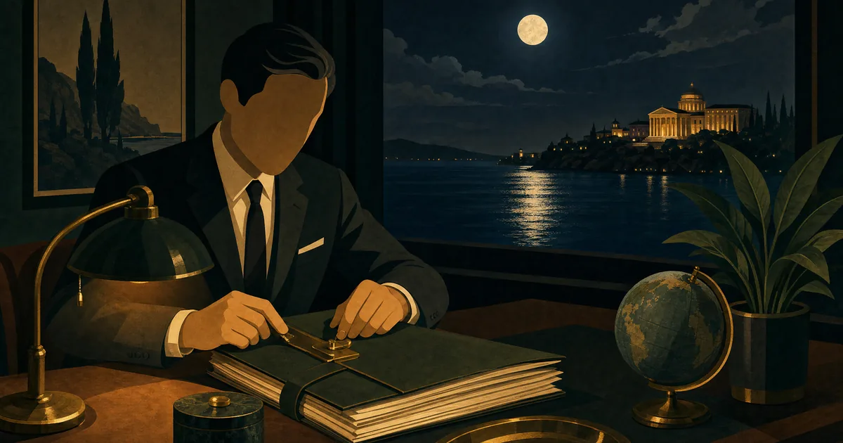 Professional sealing a dossier at night before a sea horizon with a lit European institution on the far shore