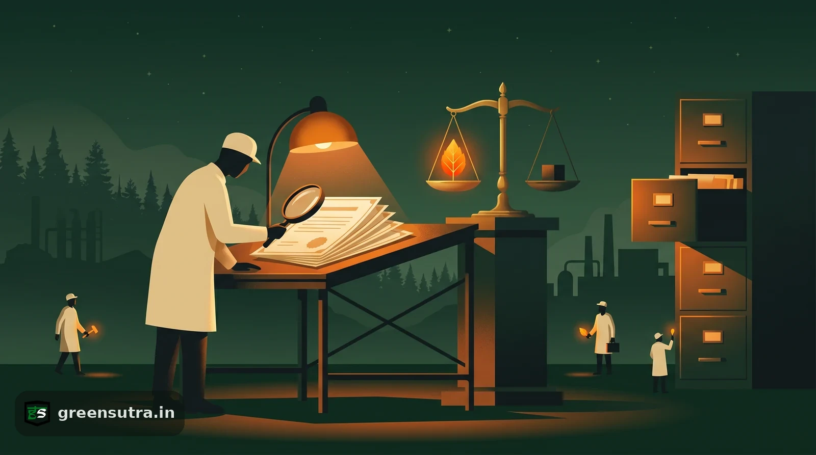 Night-vector scene of an auditor inspecting carbon credit certificates on scales, illustrating carbon footprint credit quality