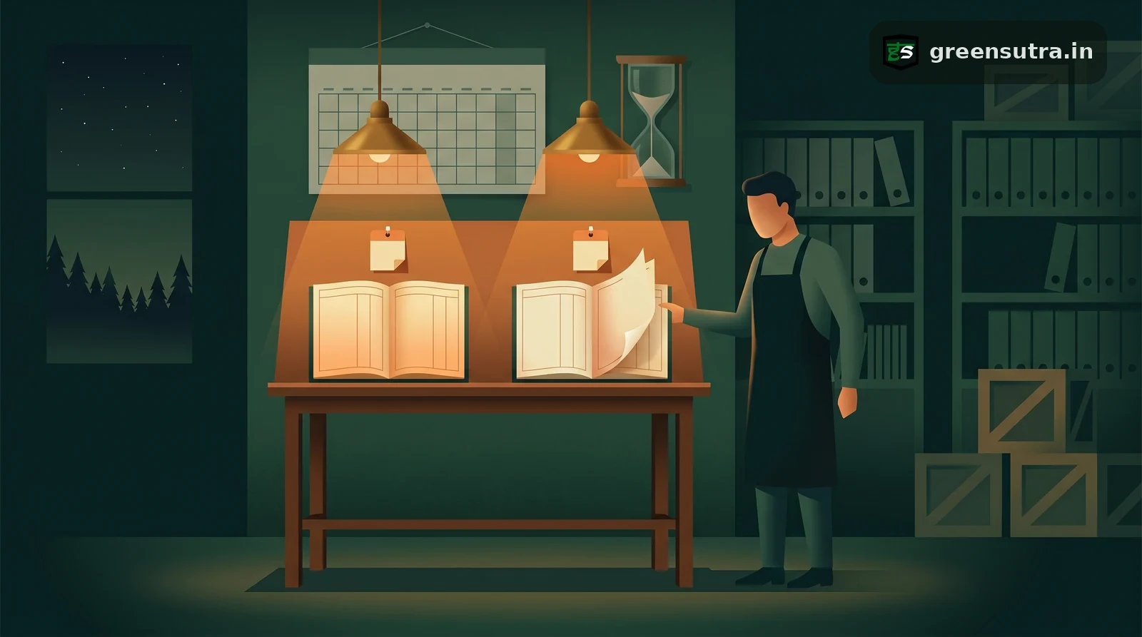 Night ledger scene comparing two dated carbon footprint base year columns under amber lamps
