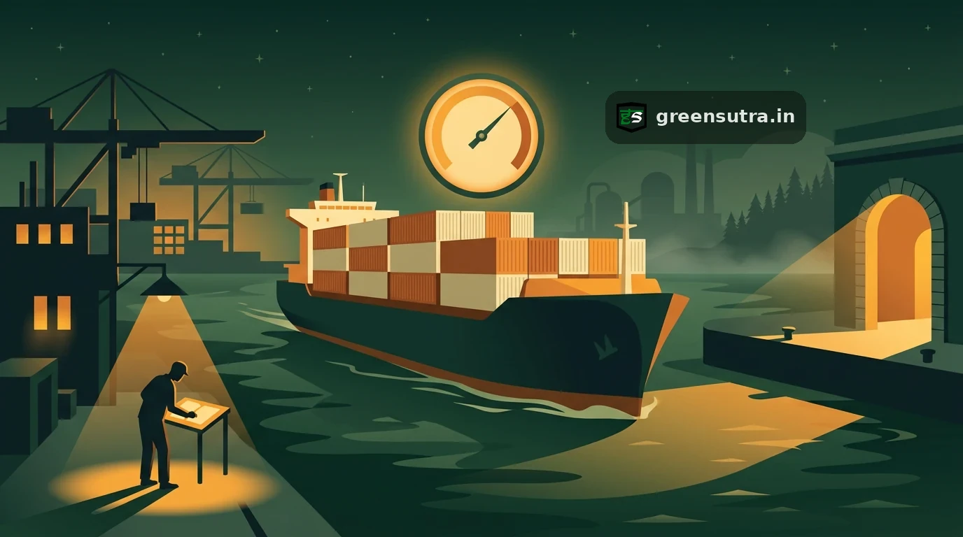 Night vector of an Indian export ship bound for an EU quay under a glowing carbon footprint gauge.