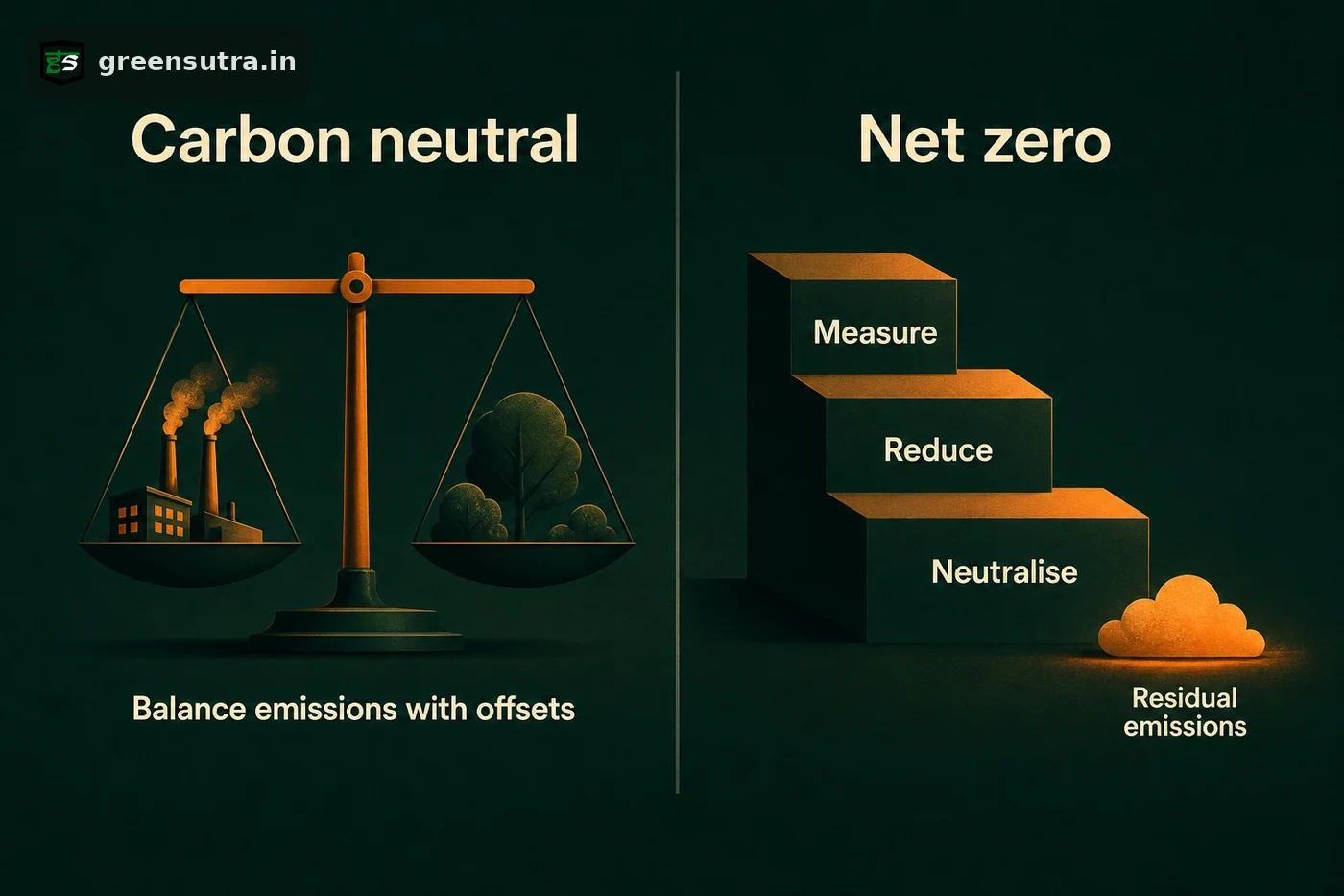 Two-column comparison of carbon neutral, balancing emissions with offsets, against net zero, following measure, reduce and neutralise down to residual emissions.