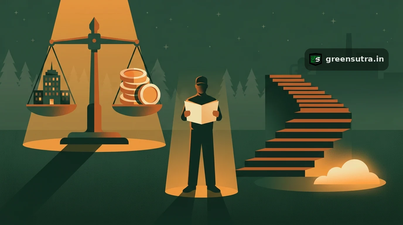 Night vector: carbon neutral as a balance scale with offsets vs net zero as a staircase down to residual emissions.