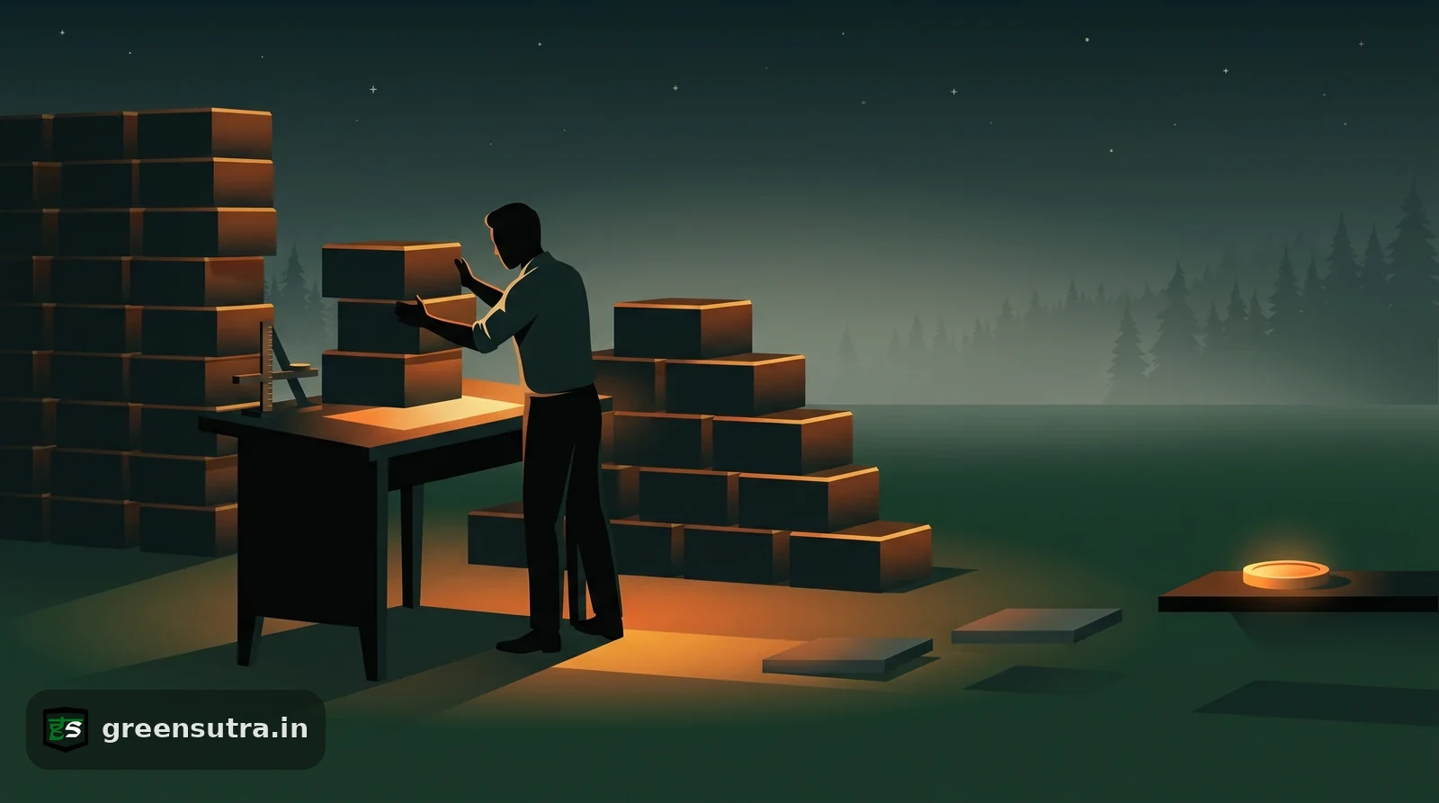 Night-vector figure cutting down a stack of carbon emission blocks with one small offset token set aside