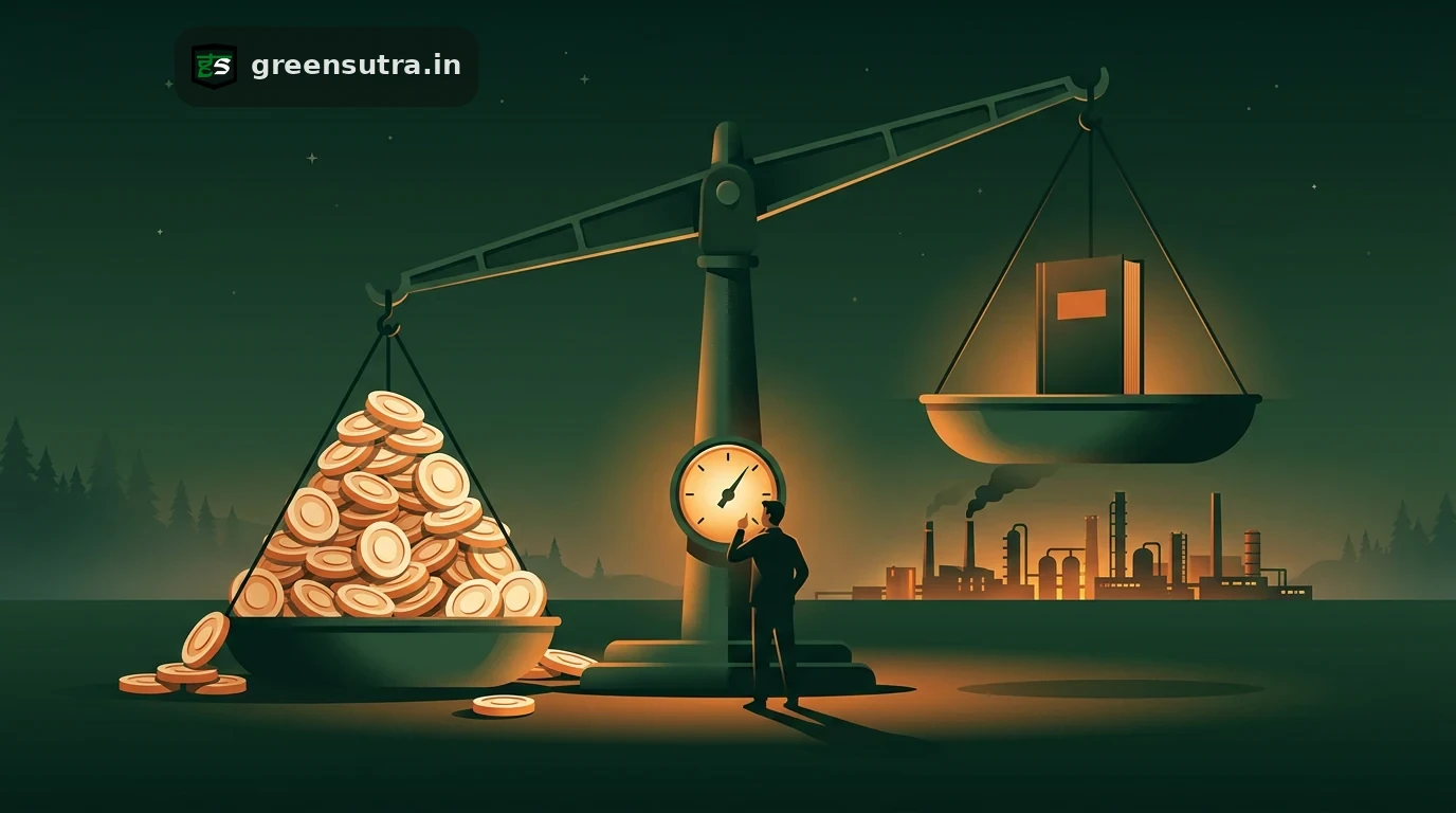 Night weighbridge weighing a stack of default tokens against a verified ledger, on CBAM default vs verified data cost