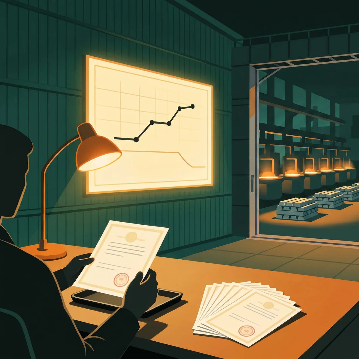 Consultant reviewing CBAM certificate exposure under a desk lamp with a rising EU ETS price line and a falling emissions pathway
