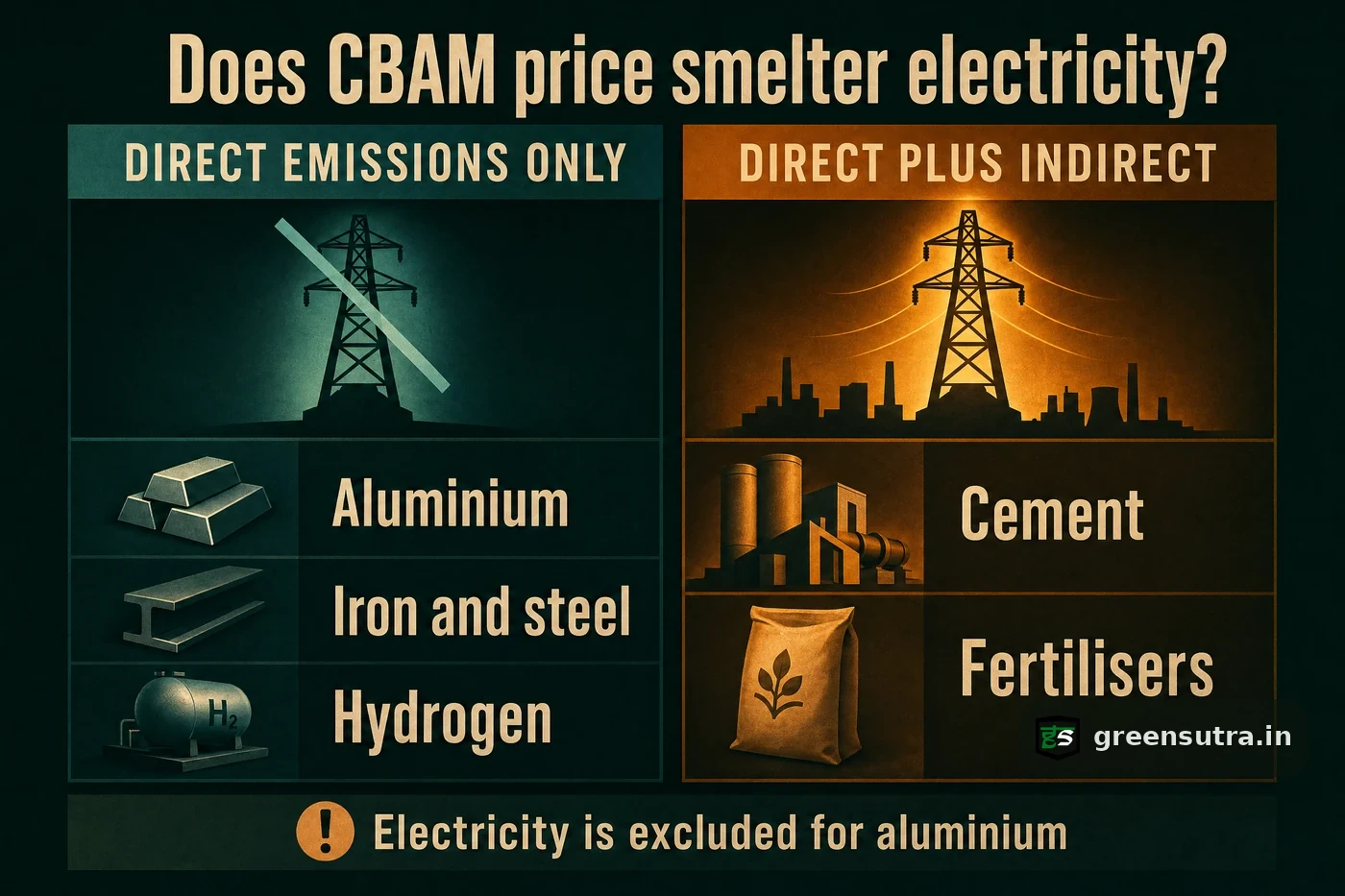 Two-column split of CBAM's five goods groups by whether the certificate covers electricity, on pricing aluminium smelting