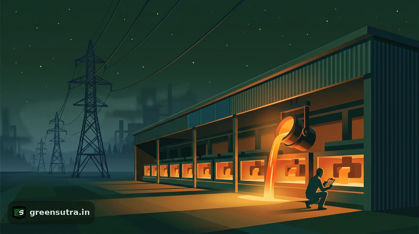 Aluminium smelter glowing amber as cold unlit power pylons march toward it, showing CBAM excludes smelter electricity