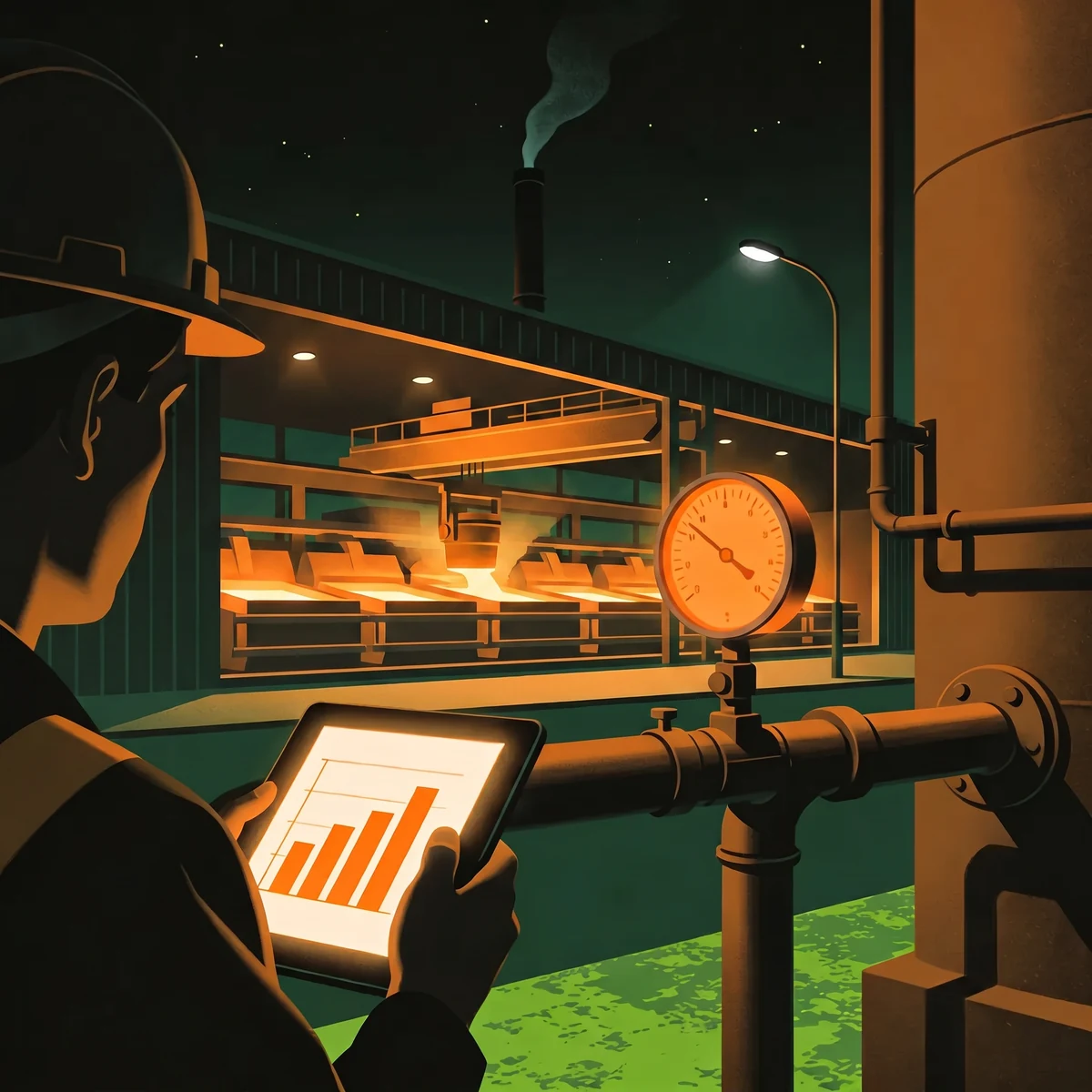 Engineer measuring embedded emissions at an aluminium smelter with a tablet showing emission factors
