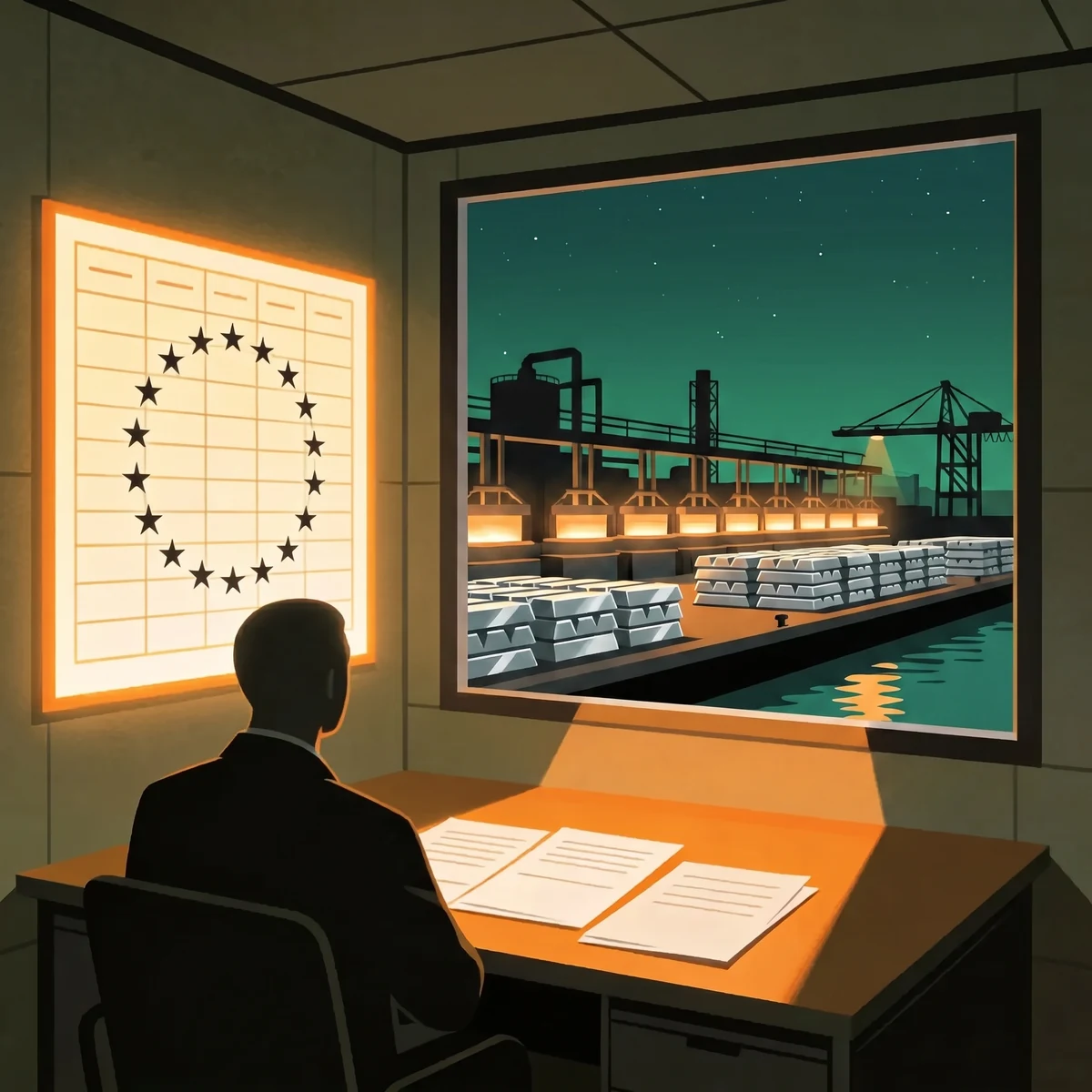 Compliance analyst before a CBAM registry ledger sharing verified emissions data with EU importers beside a night port