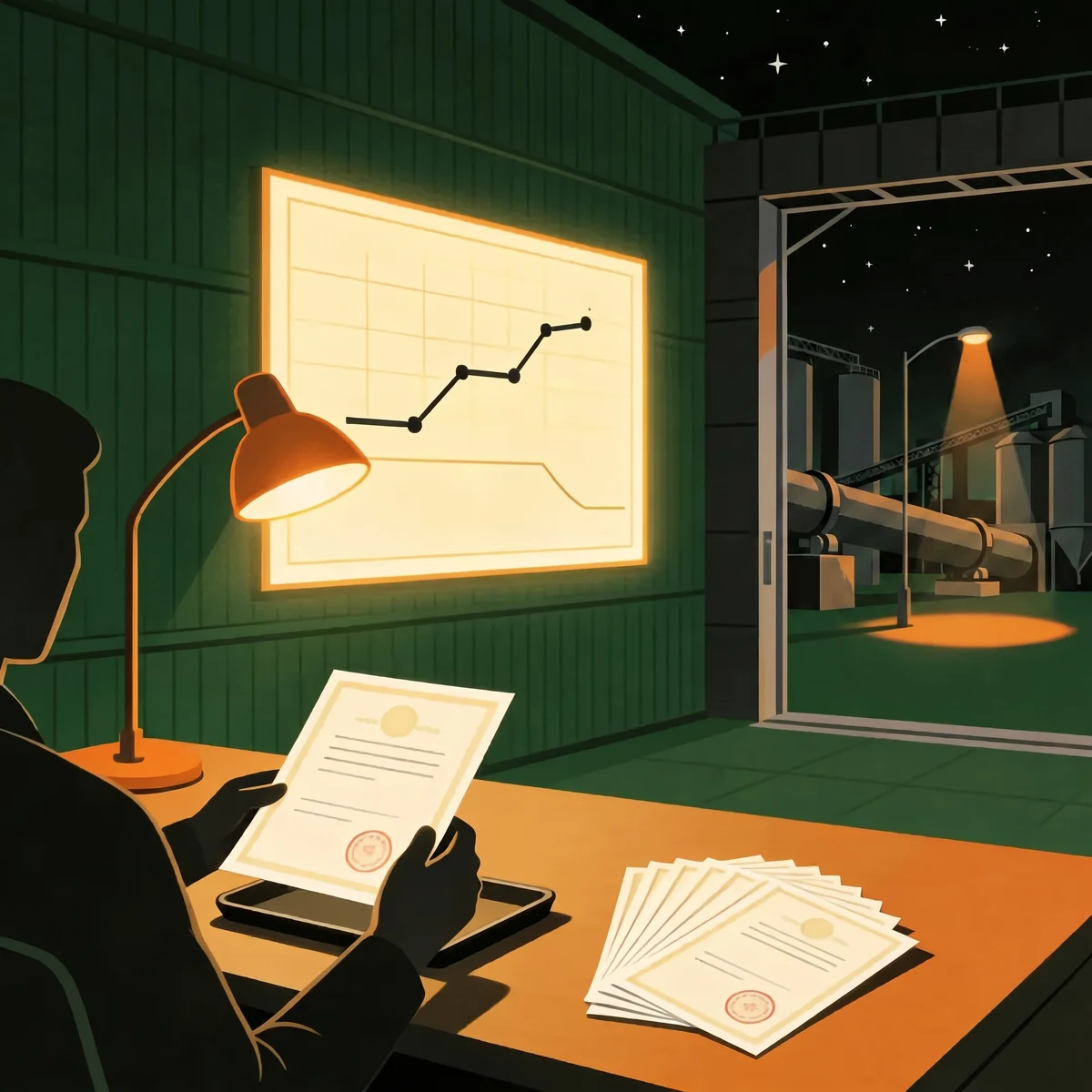 Consultant reviewing CBAM certificate exposure under a desk lamp with a rising EU ETS price line and a falling emissions pathway