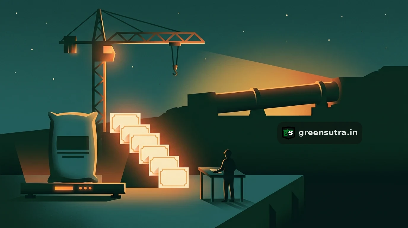 Night scene of a cement sack on a customs weighbridge with rising certificate tokens and a kiln, on CBAM cement export cost