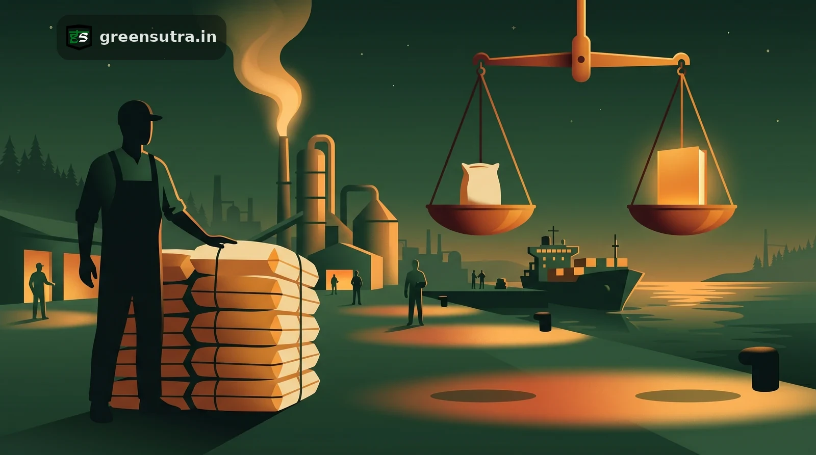 Night-vector scene of a dockworker weighing Egyptian cement for Europe against a CBAM customs ledger