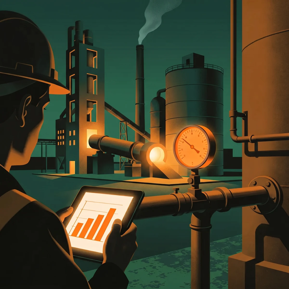 Engineer measuring embedded emissions at a cement kiln with a tablet showing emission factors