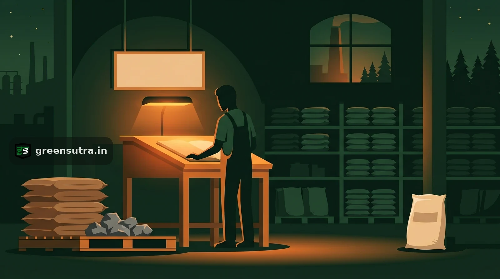 Faceless worker at a night customs desk sorting cement sacks and clinker under CBAM classification review