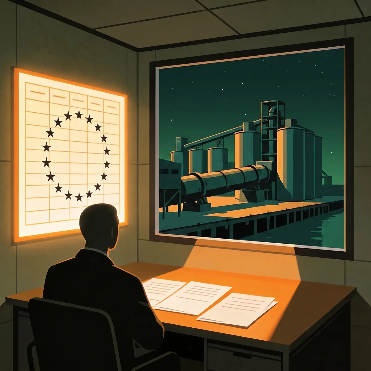 Compliance analyst before a CBAM registry ledger sharing verified emissions data with EU importers beside a night port