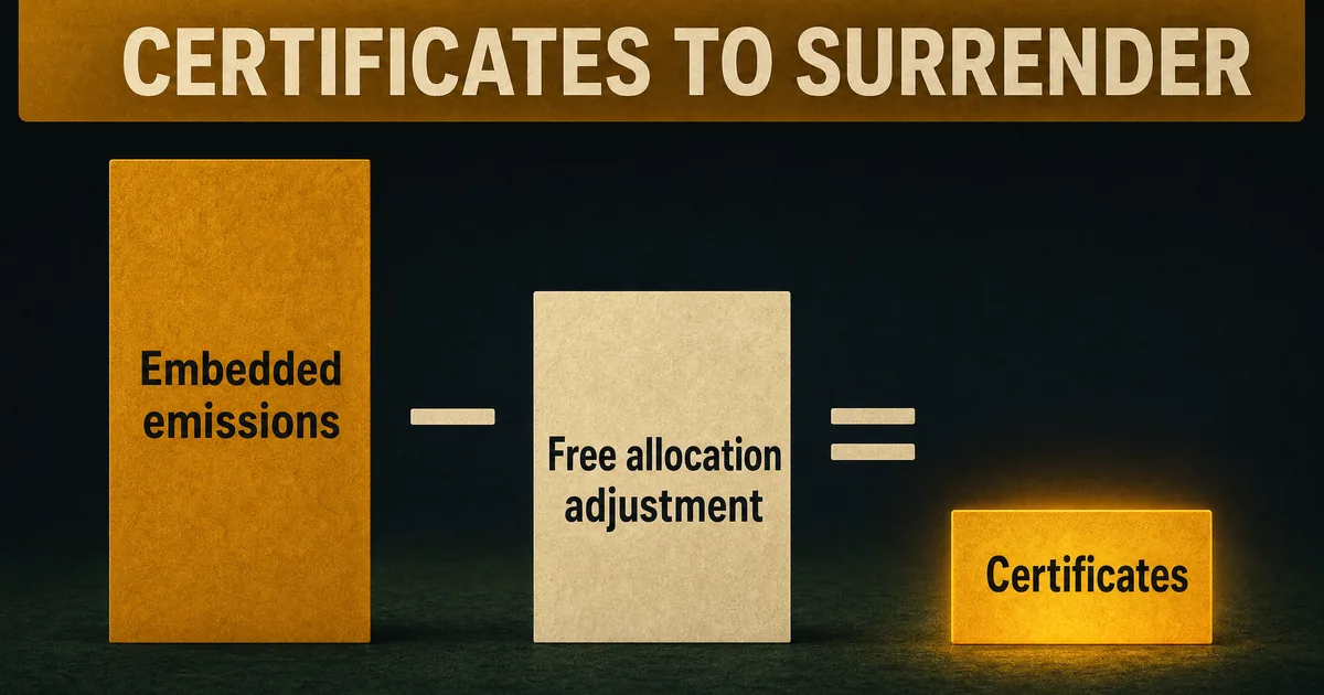 Flow diagram: embedded emissions minus the free allocation adjustment equals the certificates to surrender