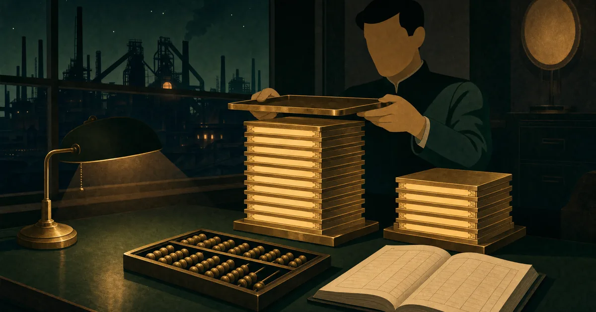 Night counting house: a clerk slides a brass tray across a tall stack of certificate tiles leaving a shorter stack