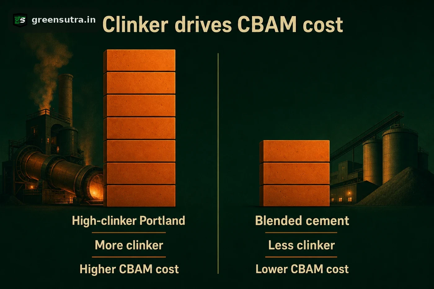 CBAM comparison: high-clinker cement carries higher cost, blended low-clinker cement carries lower cost.