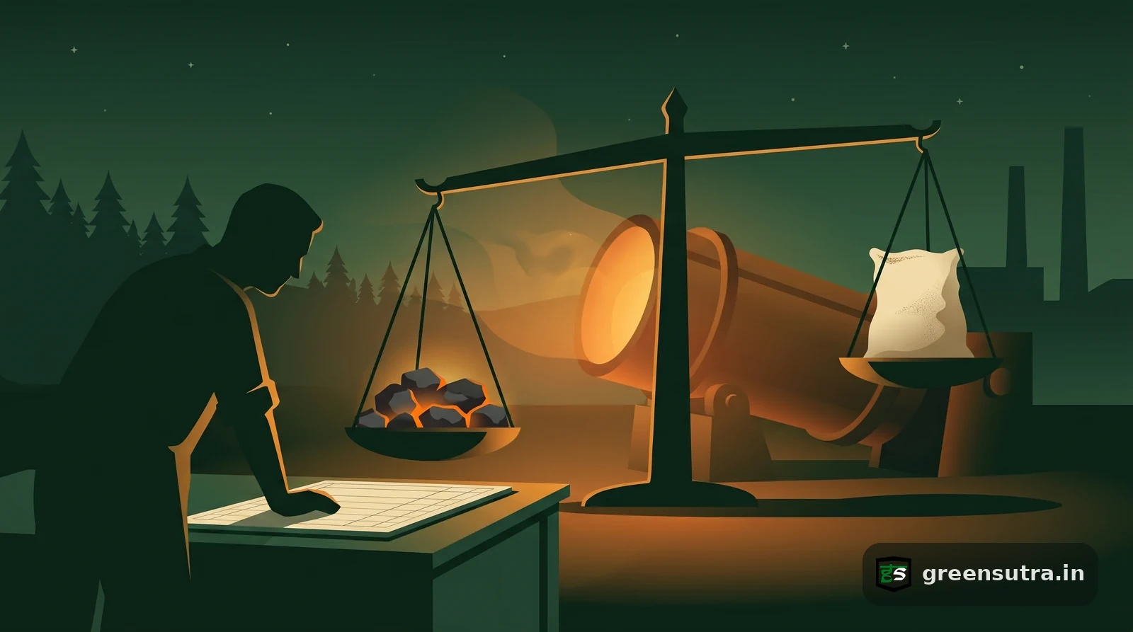 Night-vector scene of a faceless worker balancing heavy clinker against lighter blended cement, showing what drives CBAM cost.