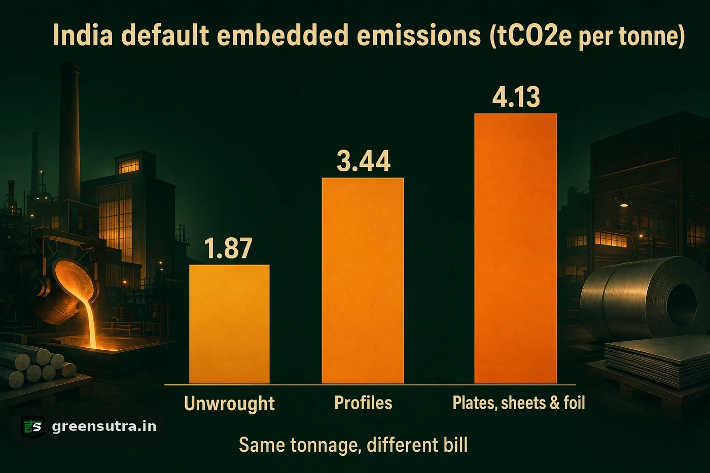 Ascending bars ranking India aluminium CBAM default emissions by stage, same tonnage assessed differently by product