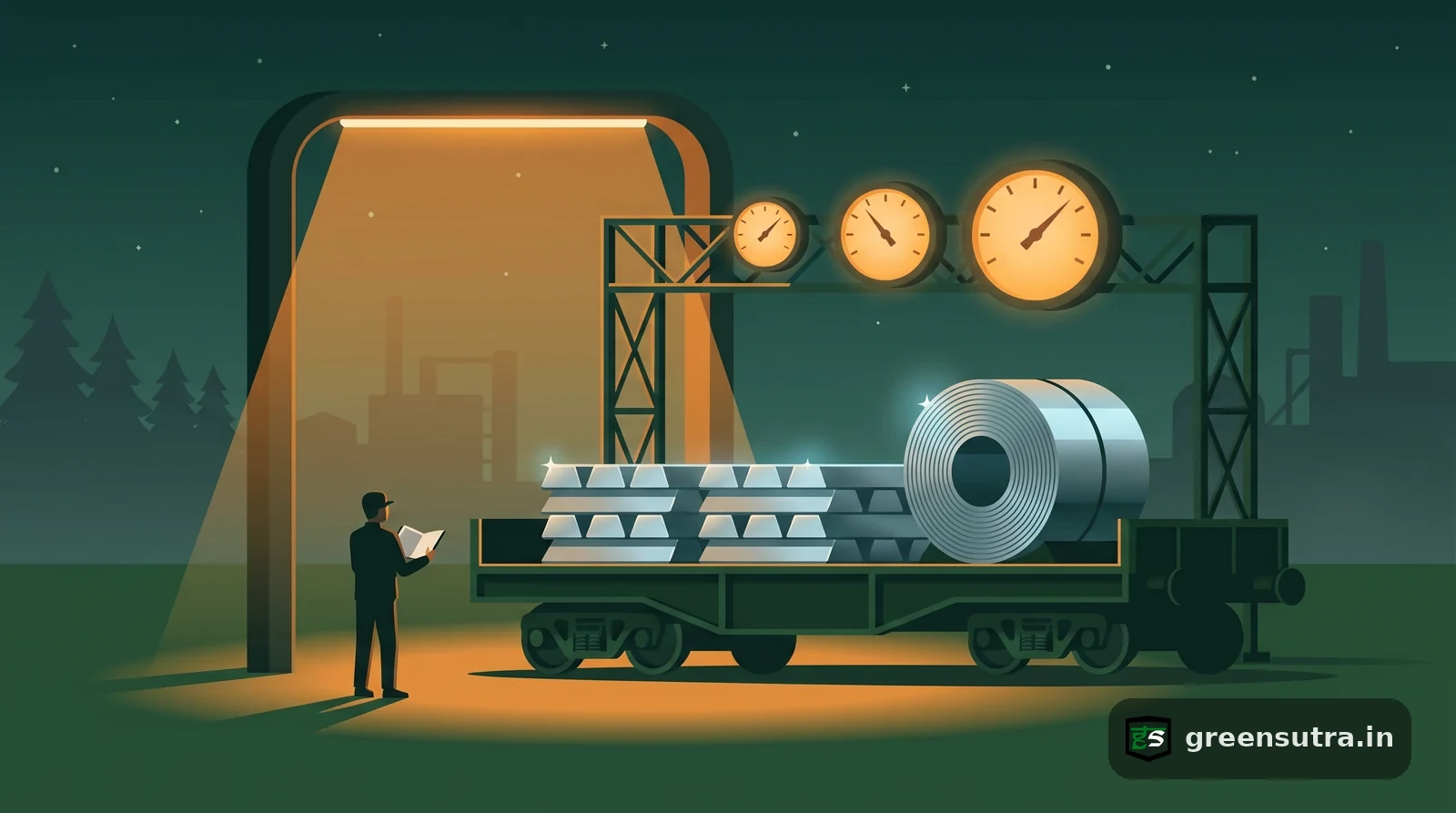 Aluminium ingots and sheet coil in a night border yard under three glowing dial gauges, on CBAM cost for aluminium exporters