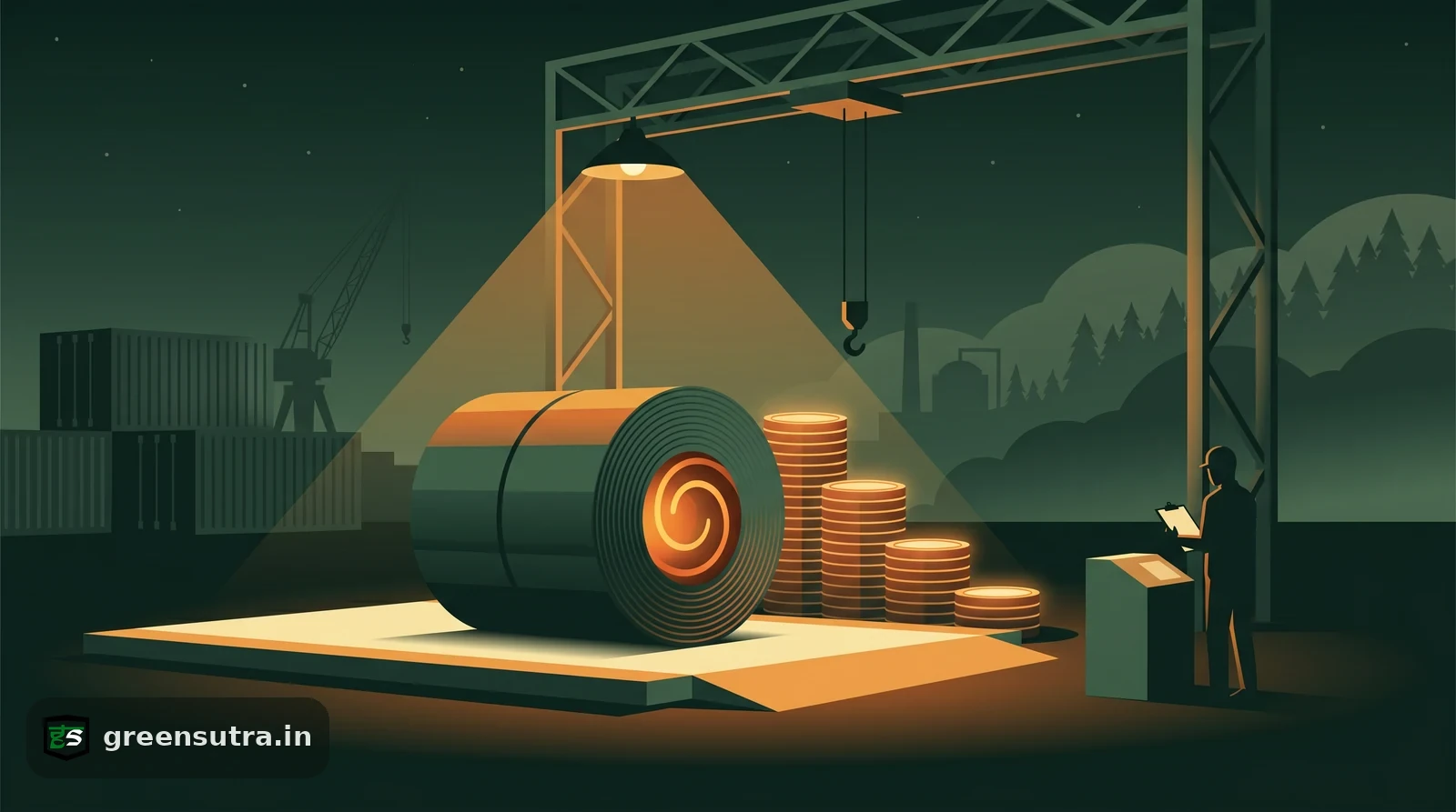 Steel coil on a customs weighbridge beside a rising stack of CBAM certificate tokens, on CBAM cost for steel exporters