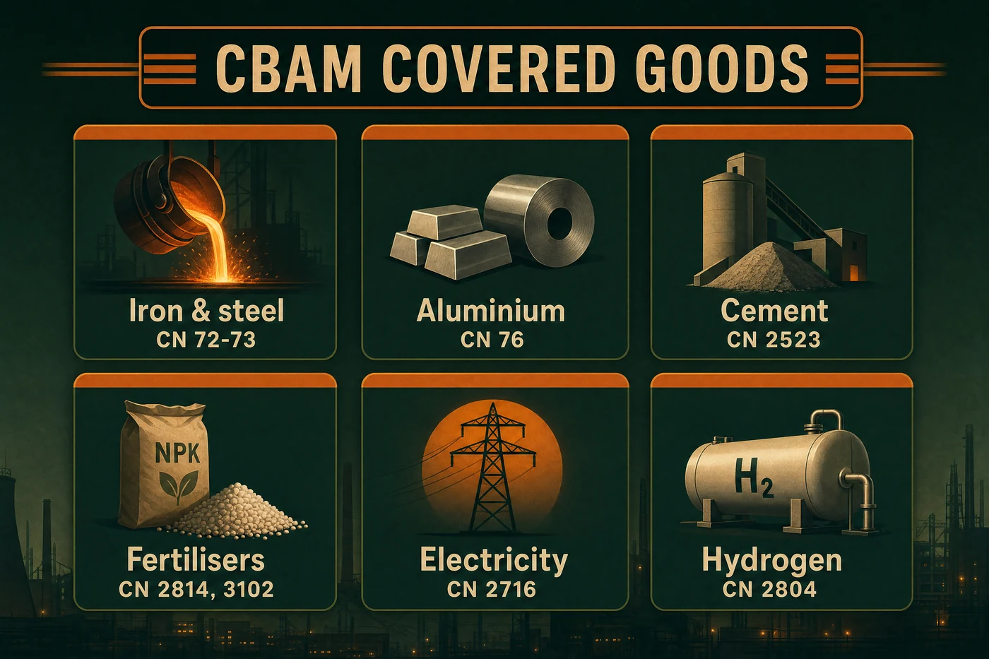 Grid of the six CBAM covered goods with CN codes: steel, aluminium, cement, fertilisers, electricity, hydrogen
