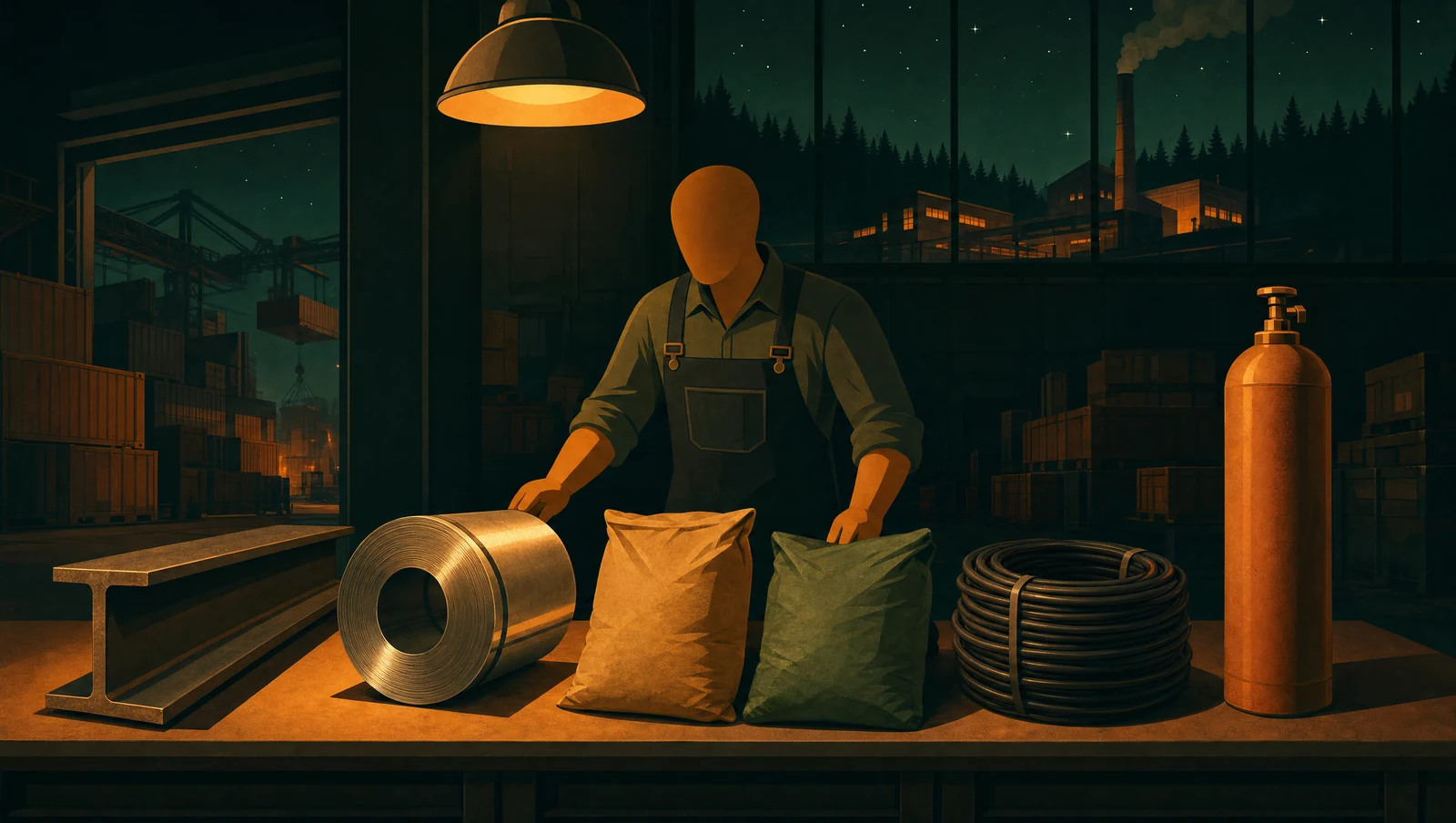 Faceless customs officer sorting six CBAM cargo items at a night inspection desk