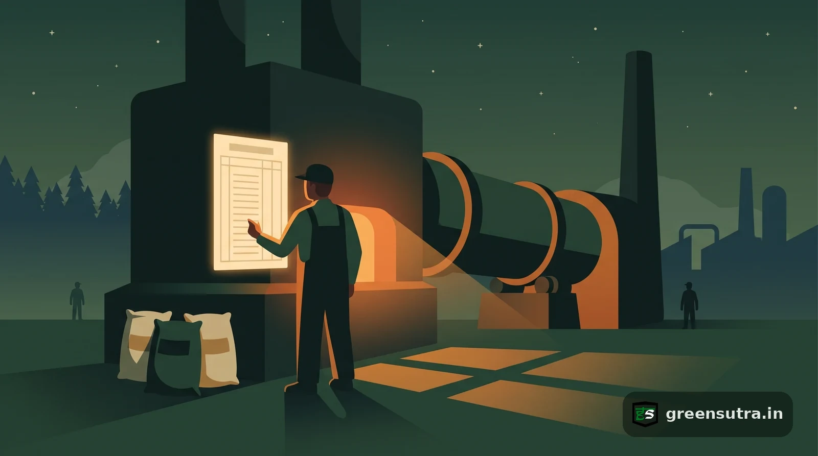 Faceless worker reads a glowing ledger by a cement kiln, illustrating CBAM cement default values for India.
